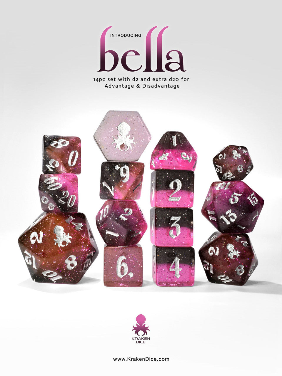 Bella - Limited Run -14pc Dice Set Inked in Silver